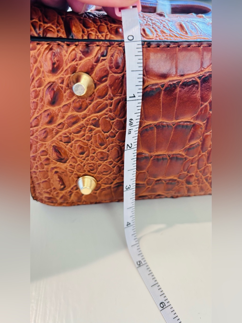 Croc-Embossed Shoulder Tote in Cognac Brown with Gold Accents and strap - Picture 8 of 15